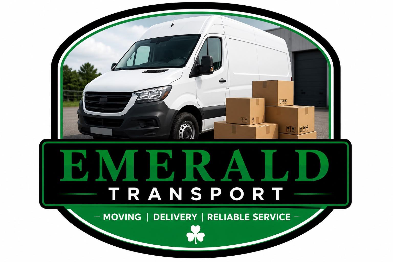 Emerald Transport logo featuring a white van and moving boxes